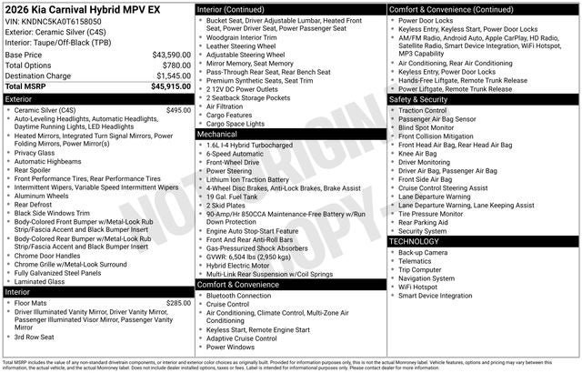 2026 Kia Carnival MPV Hybrid EX